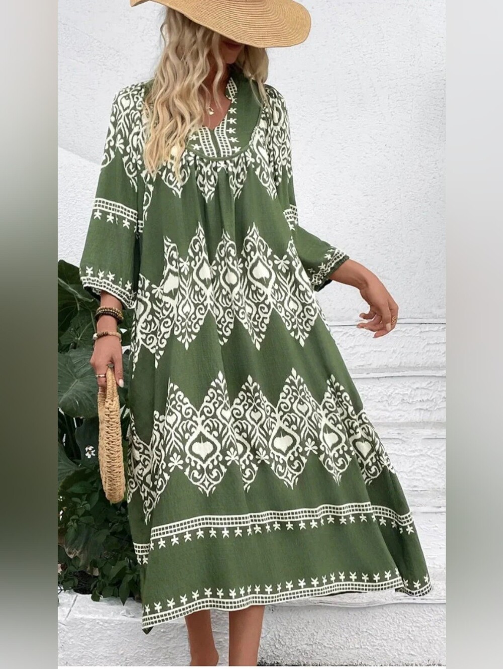NWT GIGIO Boho Olive Green Printed Maxi Dress SIZE SMALL